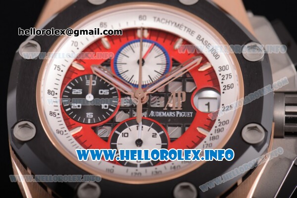 Audemars Piguet Royal Oak Offshore Ruben Barrichello Chrono Swiss Valjoux 7750 Automatic Rose Gold Case with PVD Bezel Red Skeleton Dial and White Stick Markers - 1:1 Original (JF) - Click Image to Close